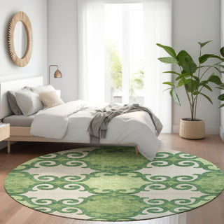 Piper Looms Mayfield Scrolls AMF883 Green Machine Washable Area Rug Round Lifestyle Image Feature