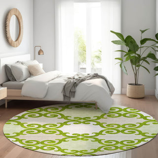 Piper Looms Mayfield Scrolls AMF883 Lime Machine Washable Area Rug Round Lifestyle Image Feature