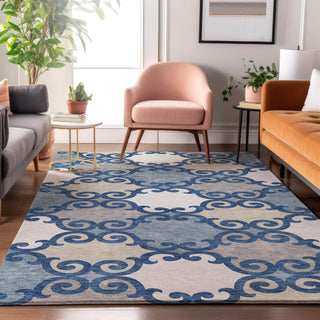 Piper Looms Mayfield Scrolls AMF883 Navy Machine Washable Area Rug Lifestyle Image Feature