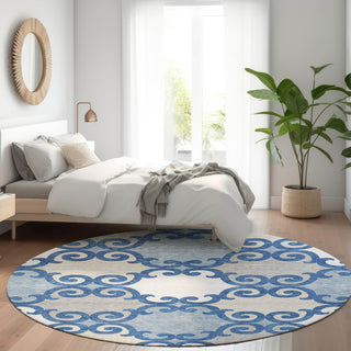 Piper Looms Mayfield Scrolls AMF883 Navy Machine Washable Area Rug Round Lifestyle Image Feature