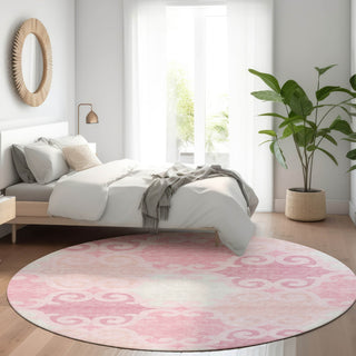 Piper Looms Mayfield Scrolls AMF883 Pink Machine Washable Area Rug Round Lifestyle Image Feature