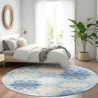 Piper Looms Mayfield Scrolls AMF883 Sky Machine Washable Area Rug Round Lifestyle Image Feature