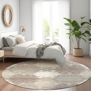 Piper Looms Mayfield Scrolls AMF883 Taupe Machine Washable Area Rug Round Lifestyle Image Feature