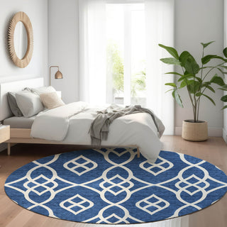 Piper Looms Mayfield Scrolls AMF884 Navy Machine Washable Area Rug Round Lifestyle Image Feature