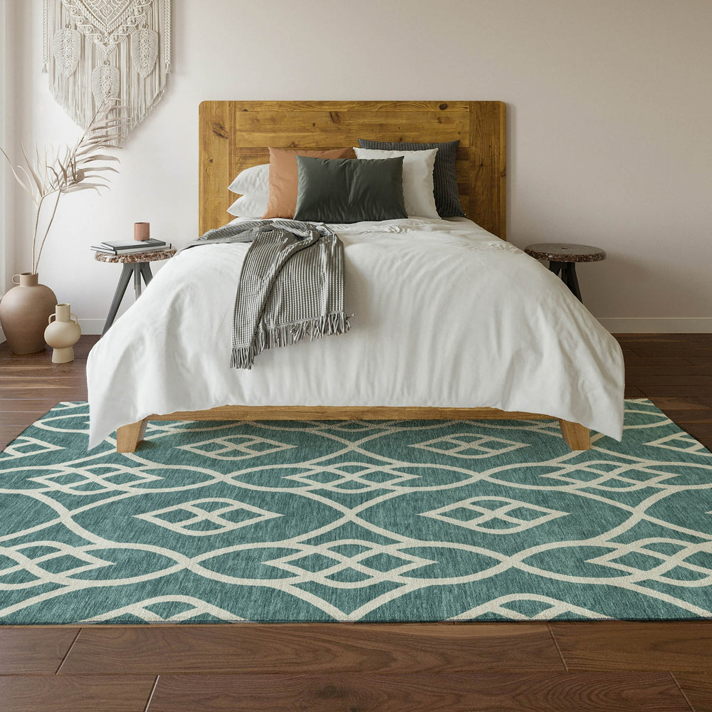 Piper Looms Mayfield Scrolls AMF884 Teal Machine Washable Area Rug Lifestyle Image Feature