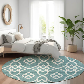 Piper Looms Mayfield Scrolls AMF884 Teal Machine Washable Area Rug Round Lifestyle Image Feature