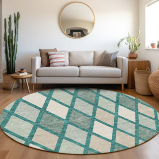 Piper Looms Mayfield Diamonds AMF887 Teal Machine Washable Area Rug Round Lifestyle Image Feature