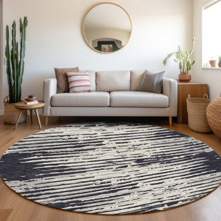 Piper Looms Mayfield Stripes AMF888 Black Machine Washable Area Rug Round Lifestyle Image Feature