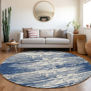 Piper Looms Mayfield Stripes AMF888 Navy Machine Washable Area Rug Round Lifestyle Image Feature