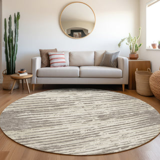 Piper Looms Mayfield Stripes AMF888 Taupe Machine Washable Area Rug Round Lifestyle Image Feature