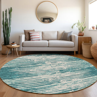 Piper Looms Mayfield Stripes AMF888 Teal Machine Washable Area Rug Round Lifestyle Image Feature