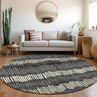 Piper Looms Mayfield Stripes AMF889 Charcoal Machine Washable Area Rug Round Lifestyle Image Feature
