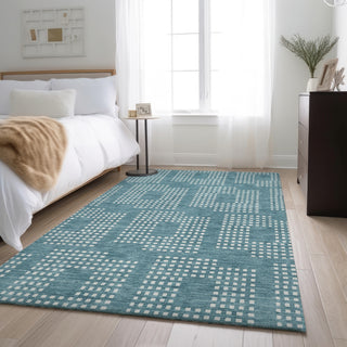 Piper Looms Mayfield Squares AMF890 Teal Machine Washable Area Rug Lifestyle Image Feature