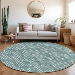 Piper Looms Mayfield Squares AMF890 Teal Machine Washable Area Rug Round Lifestyle Image Feature