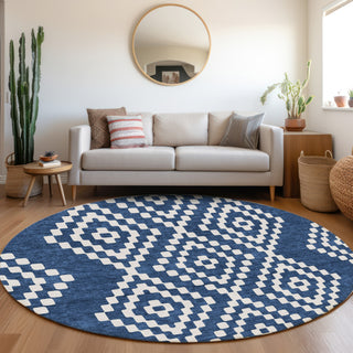 Piper Looms Mayfield Diamonds AMF891 Navy Machine Washable Area Rug Round Lifestyle Image Feature