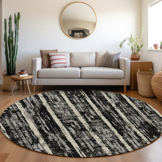 Piper Looms Mayfield Stripes AMF892 Black Machine Washable Area Rug Round Lifestyle Image Feature