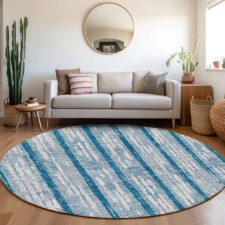 Piper Looms Mayfield Stripes AMF892 Navy Machine Washable Area Rug Round Lifestyle Image Feature