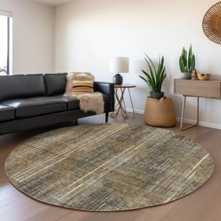 Piper Looms Mayfield Stripes AMF893 Taupe Machine Washable Area Rug Round Lifestyle Image Feature
