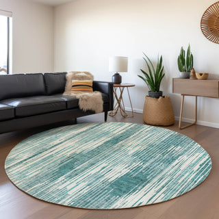 Piper Looms Mayfield Stripes AMF893 Teal Machine Washable Area Rug Round Lifestyle Image Feature