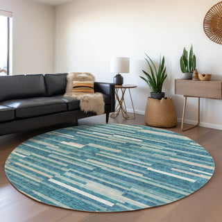 Piper Looms Mayfield Stripes AMF894 Teal Machine Washable Area Rug Round Lifestyle Image Feature