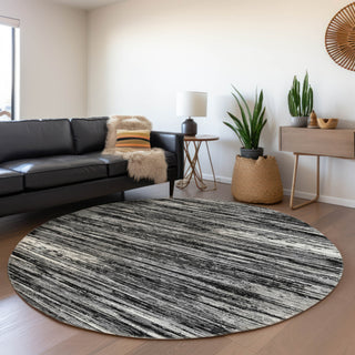 Piper Looms Mayfield Stripes AMF896 Black Machine Washable Area Rug Round Lifestyle Image Feature