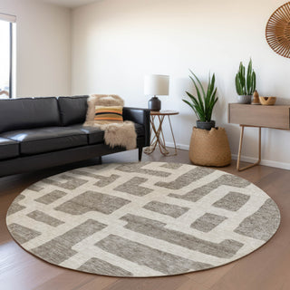 Piper Looms Mayfield Lines AMF903 Taupe Machine Washable Area Rug Round Lifestyle Image Feature