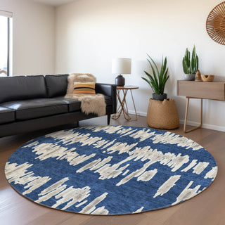 Piper Looms Mayfield Stripes AMF905 Navy Machine Washable Area Rug Round Lifestyle Image Feature