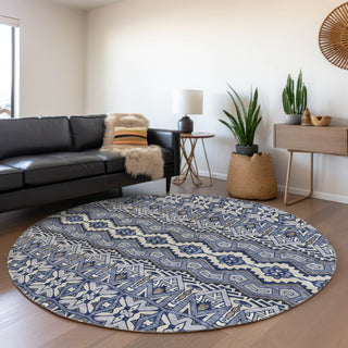 Piper Looms Mayfield Moroccan AMF909 Denim Machine Washable Area Rug Round Lifestyle Image Feature