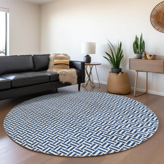Piper Looms Mayfield Geometric AMF911 Navy Machine Washable Area Rug Round Lifestyle Image Feature