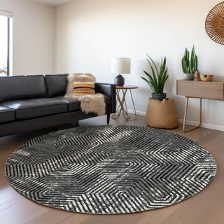 Piper Looms Mayfield Geometric AMF912 Black Machine Washable Area Rug Round Lifestyle Image Feature