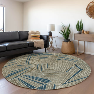 Piper Looms Mayfield Geometric AMF915 Taupe Machine Washable Area Rug Round Lifestyle Image Feature