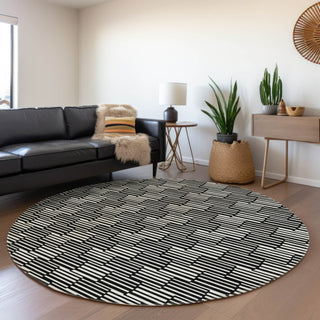 Piper Looms Mayfield Lines AMF918 Black Machine Washable Area Rug Round Lifestyle Image Feature