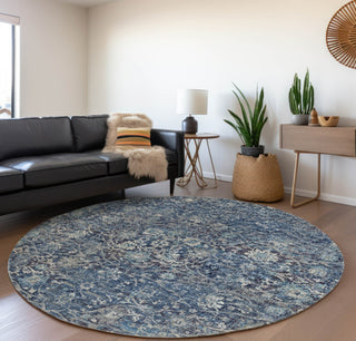 Piper Looms Mayfield Ornate AMF92 Blue Machine Washable Area Rug Round Lifestyle Image Feature