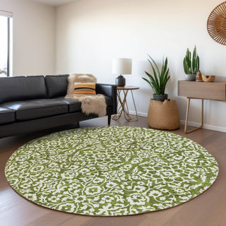 Piper Looms Mayfield Damask AMF920 Olive Machine Washable Area Rug Round Lifestyle Image Feature