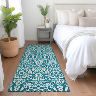 Piper Looms Mayfield Damask AMF920 Teal Machine Washable Area Rug Runner Lifestyle Image Feature