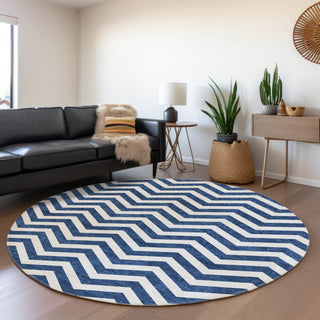 Piper Looms Mayfield Chevron AMF922 Navy Machine Washable Area Rug Round Lifestyle Image Feature