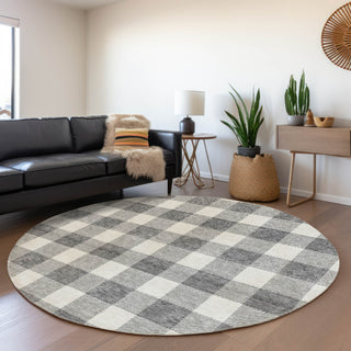 Piper Looms Mayfield Plaid AMF923 Gray Machine Washable Area Rug Round Lifestyle Image Feature