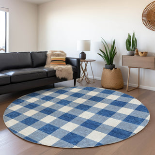 Piper Looms Mayfield Plaid AMF923 Navy Machine Washable Area Rug Round Lifestyle Image Feature