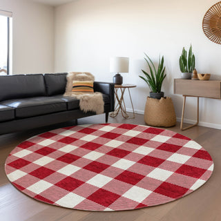 Piper Looms Mayfield Plaid AMF923 Red Machine Washable Area Rug Round Lifestyle Image Feature