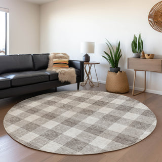 Piper Looms Mayfield Plaid AMF923 Taupe Machine Washable Area Rug Round Lifestyle Image Feature