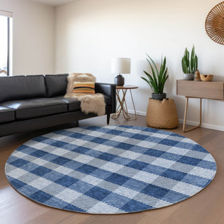 Piper Looms Mayfield Plaid AMF924 Navy Machine Washable Area Rug Round Lifestyle Image Feature