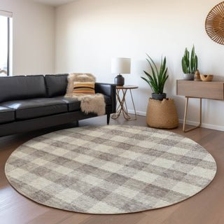 Piper Looms Mayfield Plaid AMF924 Taupe Machine Washable Area Rug Round Lifestyle Image Feature