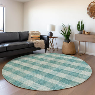 Piper Looms Mayfield Plaid AMF924 Teal Machine Washable Area Rug Round Lifestyle Image Feature