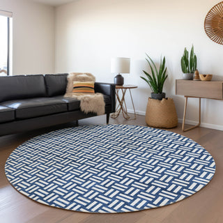 Piper Looms Mayfield Squares AMF925 Navy Machine Washable Area Rug Round Lifestyle Image Feature