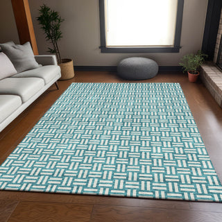 Piper Looms Mayfield Squares AMF925 Teal Machine Washable Area Rug Lifestyle Image Feature