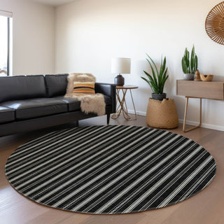 Piper Looms Mayfield Stripes AMF929 Black Machine Washable Area Rug Round Lifestyle Image Feature