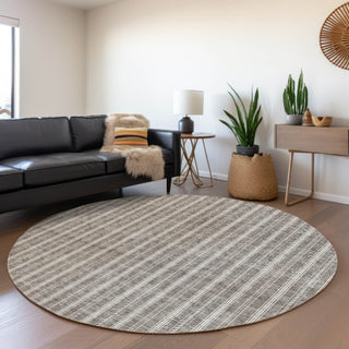 Piper Looms Mayfield Stripes AMF929 Taupe Machine Washable Area Rug Round Lifestyle Image Feature