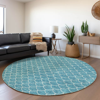 Piper Looms Mayfield Geometric AMF933 Teal Machine Washable Area Rug Round Lifestyle Image Feature
