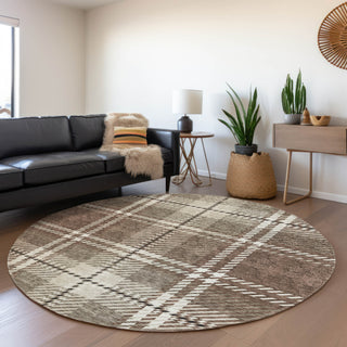 Piper Looms Mayfield Plaid AMF935 Brown Machine Washable Area Rug Round Lifestyle Image Feature