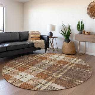 Piper Looms Mayfield Plaid AMF935 Chocolate Machine Washable Area Rug Round Lifestyle Image Feature